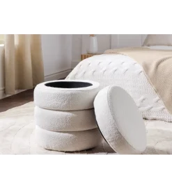 Pufa VOQUE 50 cm z pojemnikiem Bouclé kremowo biała