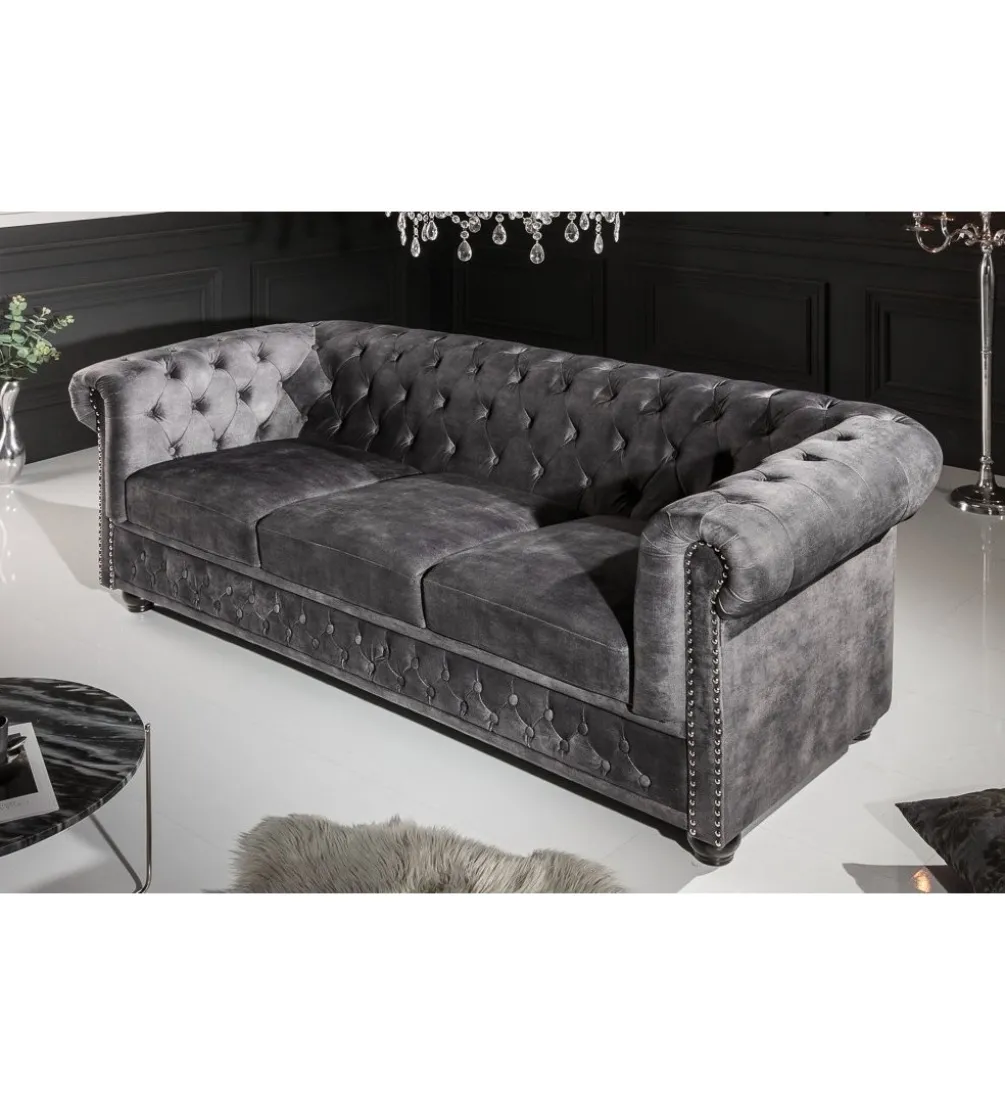 Sofa ARIELLE Chesterfield 205 Cm szary aksamit