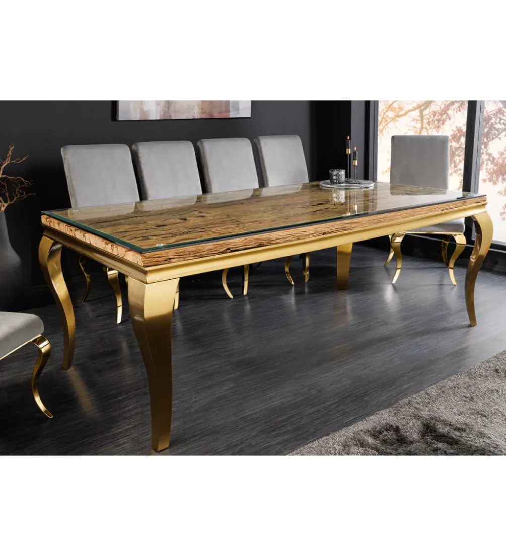 Stół jadalny MODERN BAROCK BARRACUDA 200 cm złoty szklany blat BEZ blatu tekowego