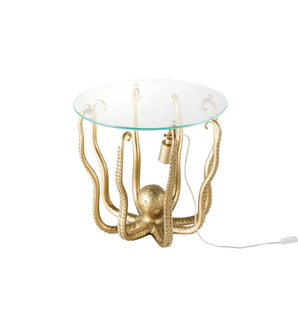 Stolik kawowy OCTOPUS 50 cm z lampą złoty
