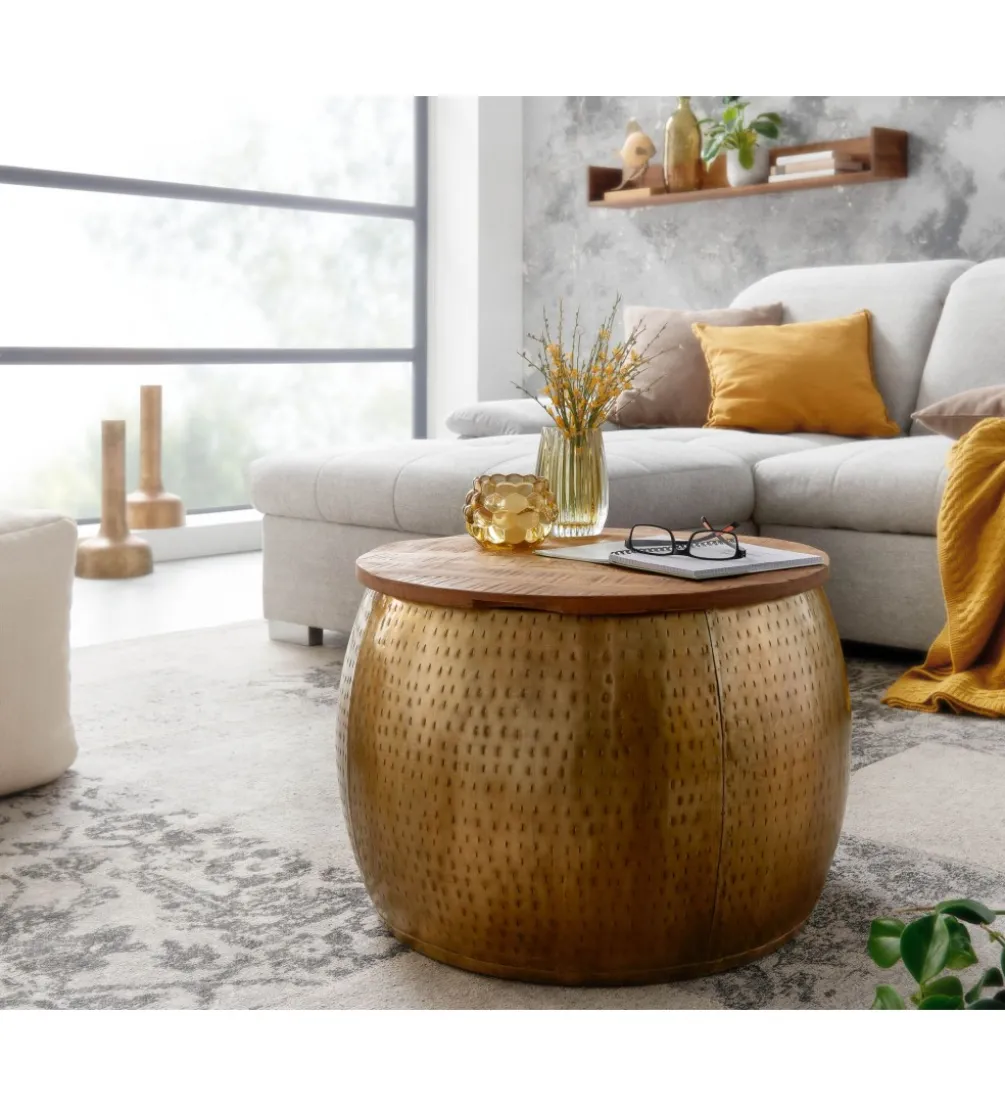 Stolik kawowy ORIENT 60 cm złoty drewno mango