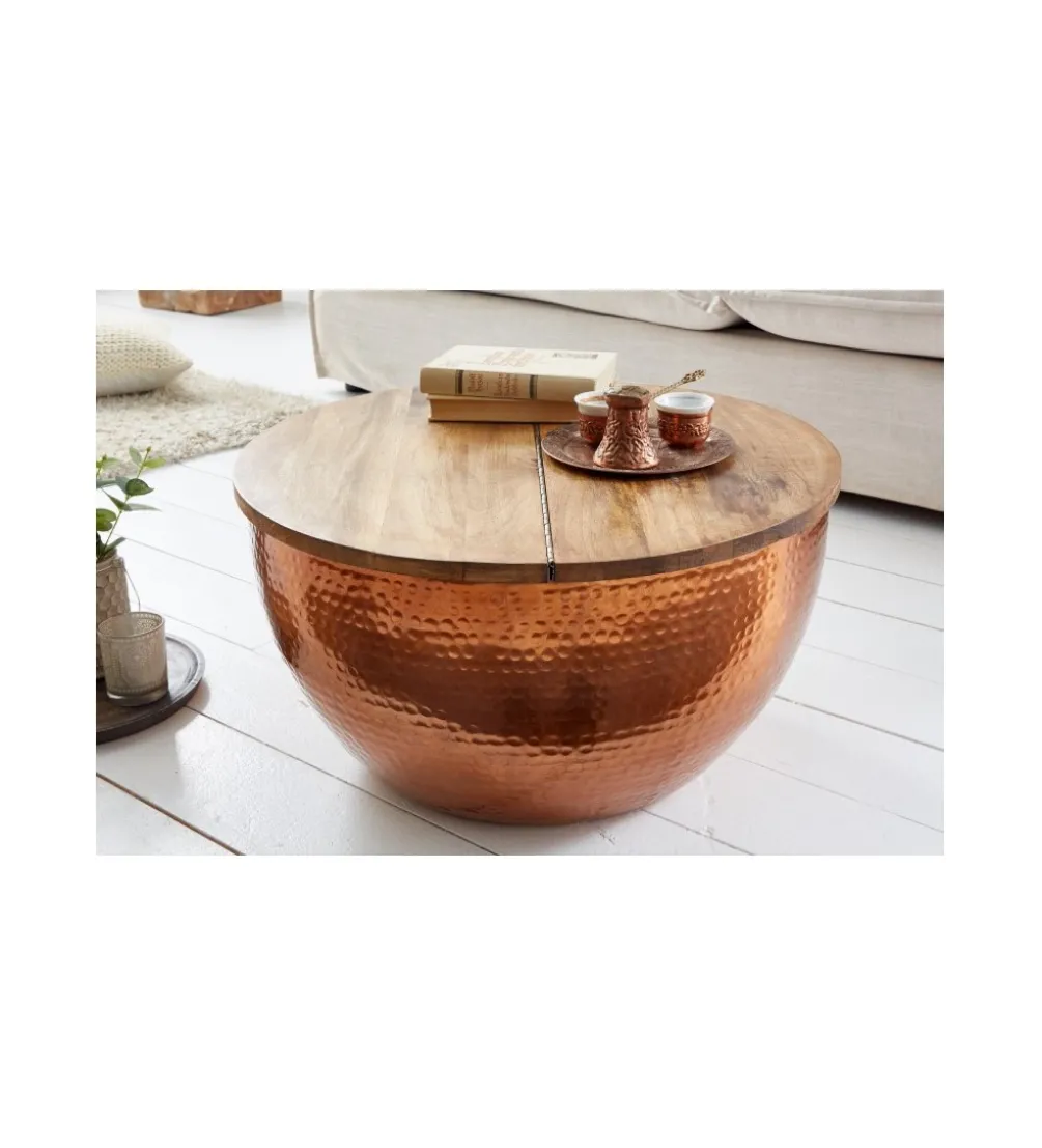 Stolik kawowy Orient Storage 60 cm miedziany z blatem Mango