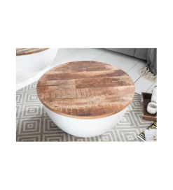 Stolik kawowy WHITE 60 cm biały z blatem z drewna Mango