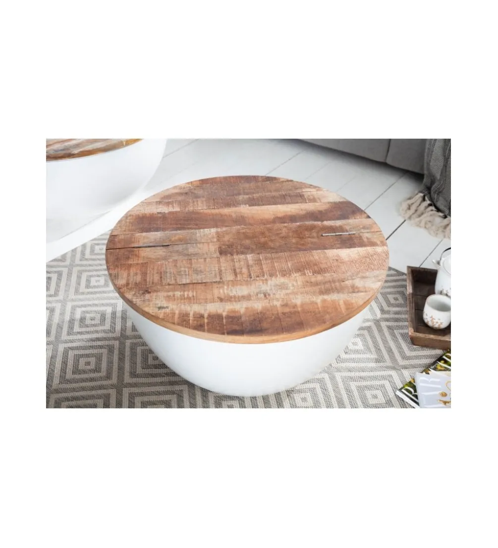 Stolik kawowy WHITE 60 cm biały z blatem z drewna Mango