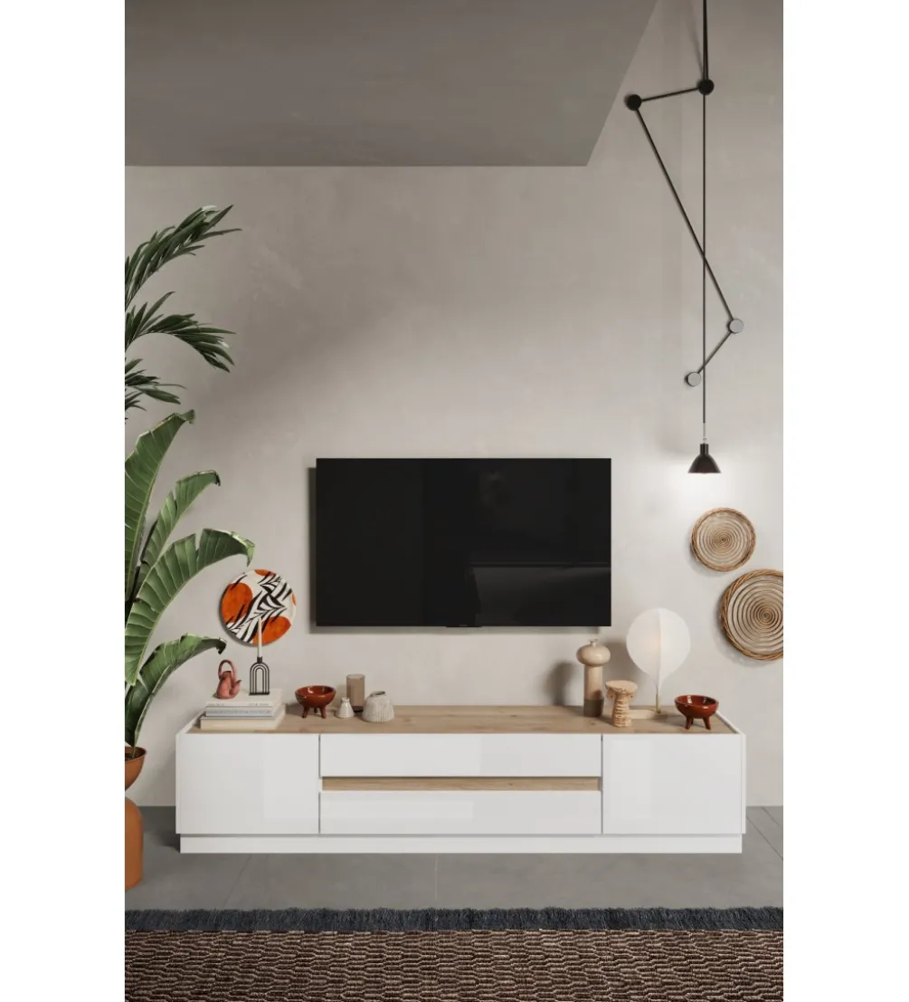 Stolik pod TV FANTASY 205 cm biały z dodatkiem koloru dąb Cadiz