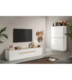 Stolik pod TV FANTASY 205 cm biały z dodatkiem koloru dąb Cadiz