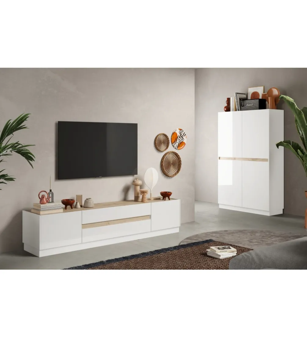 Stolik pod TV FANTASY 205 cm biały z dodatkiem koloru dąb Cadiz