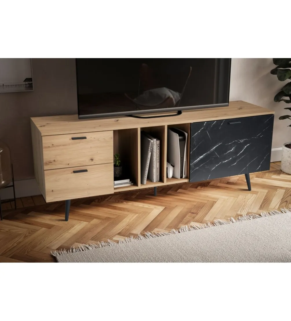 Stolik pod TV MELIOR III150 cm w kolorze dąb z dodatkiem optyki marmuru