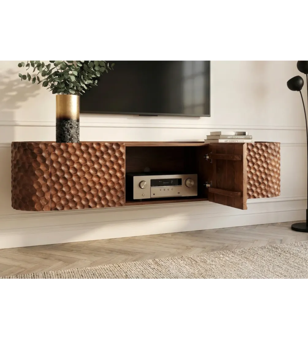 Stolik pod TV wiszący ADLON 160 cm drewno mango wzór 3D