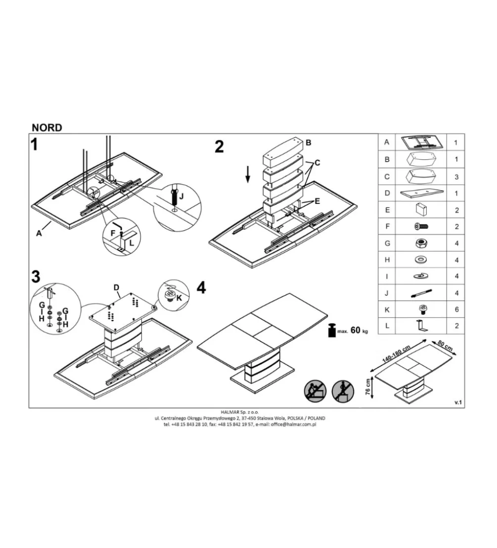 Stół rozkładany NORD 140 cm - 180 cm biały