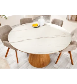 Stół UNIQUE 120 cm drewno dębowe blat ceramika w optyce białego marmuru