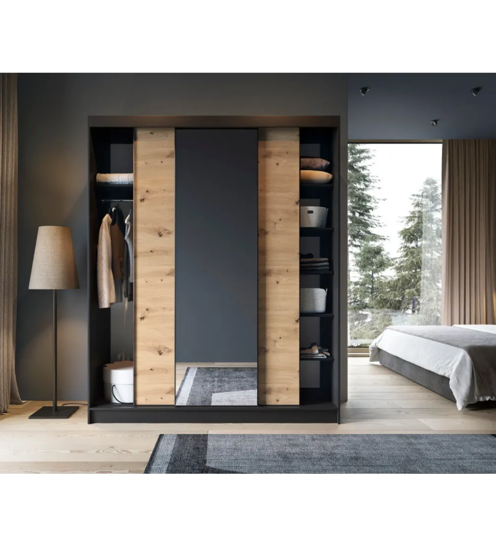 Szafa przesuwna Esville III z lustrem 180 cm w optyce Dąb artisan/Czarny mat