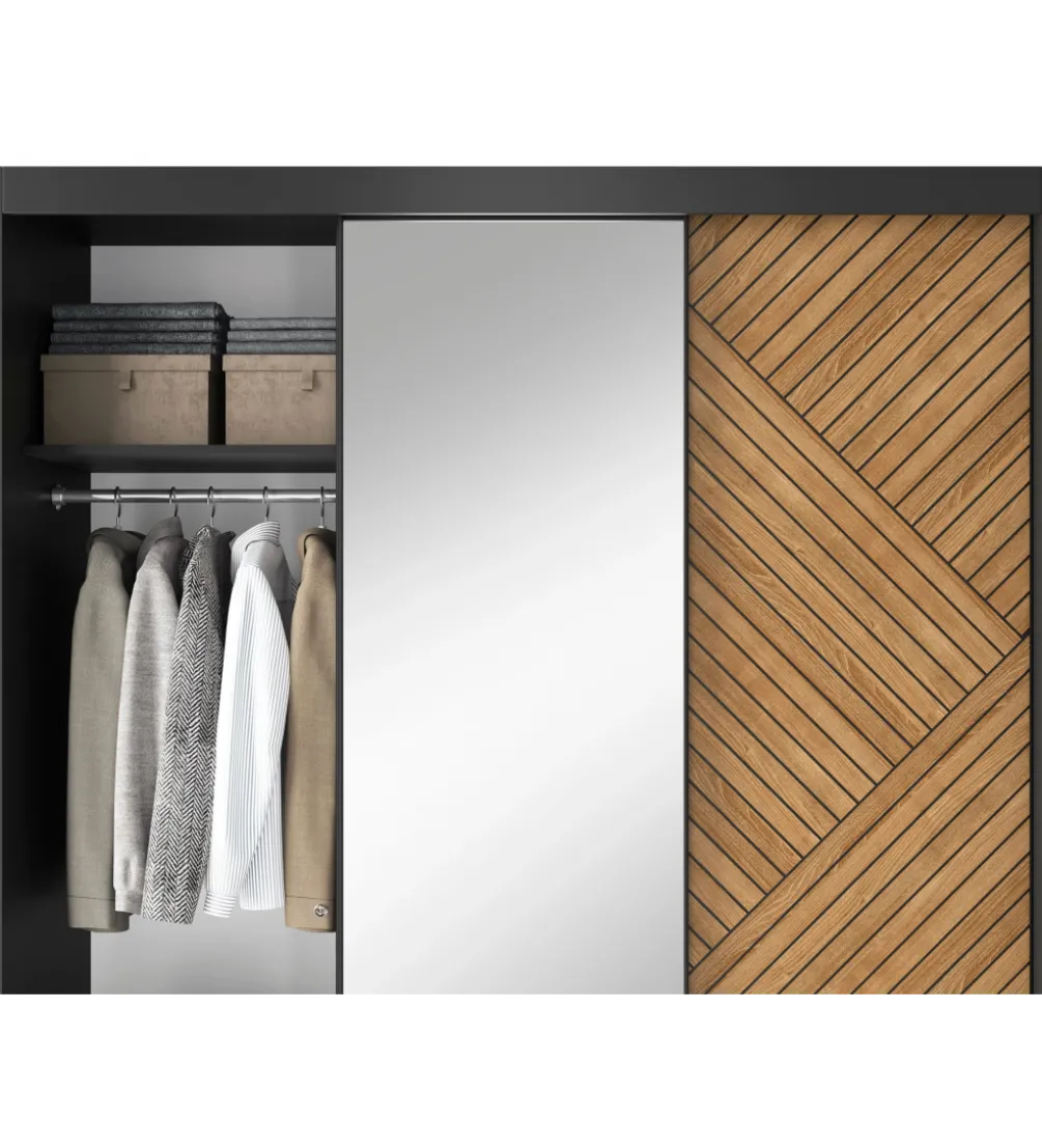 Szafa przesuwna Marrphy III z lustrem 180 cm czarny/dąb caramel