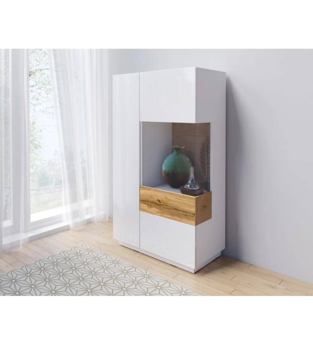Witryna SILKE 80 Cm Biała Z Dodatkiem Koloru Dąb Wotan